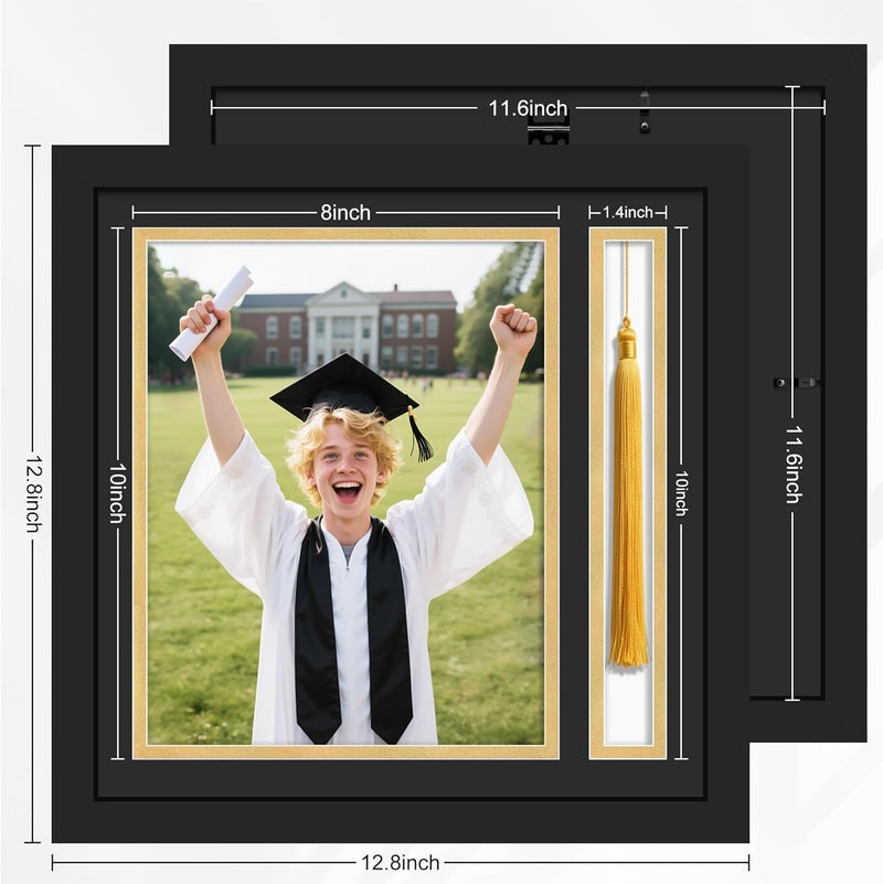 Picrit Photo Frame with Tassel Holder for 8x10 Pictures with Tempered Glass, Class of 2025 Graduation Decoration Gift, Black over Gold Mat, Wall or Tabletop Display - Image 3